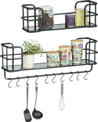 Two black metal shelves with kitchen items and utensils.