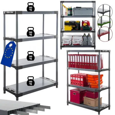 Produktbild von MODO24 Kunststoffregal, 4 Ablagen, 160kg/Boden, Schwerlast, Steckregal, Lagerregal, Plastikregal, Werkstatt, 138x110x46?cm, Grau, TYTAN