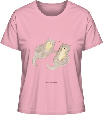 Produktbild von Mr. & Mrs. Panda Basic Shirt Damen Otter Hände halten Größe L - Baumwolle Pink - Geschenk, Kurzarmshirt, Händchen, Oberteil, T-Shirt, Paar, Seeotter, Liebe, Verliebt