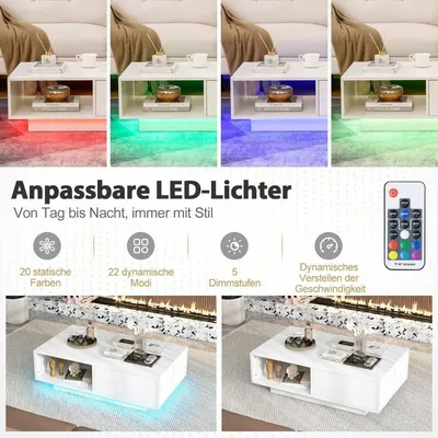 Image de Table basse avec lumières LED et télécommande, 95 x 55 x 31 cm, blanche