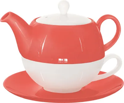 Produktbild von Buchensee Tea for one Set / Teeset Lena, Teekanne 500ml, Teetasse mit Untertasse, coralrot, Crystal Bone China Porzellan