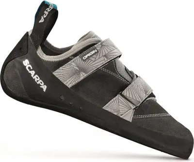 Einsteigerfreundliche Kletterschuhe von Scarpa; Modell Origin; mit grauem Obermaterial und Klettverschluss.