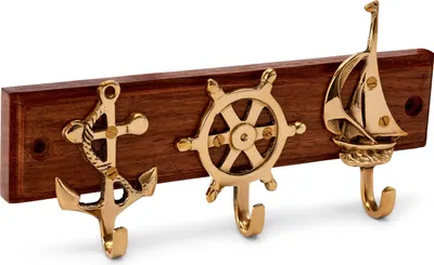 Produktbild von Maritim Schlüsselbrett Messing auf Holz Anker, Steuerrad, Boot Schlüsselhalter