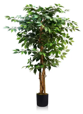 Produktbild von 150 cm Kunstbaum Ficus, große Kunstpflanze mit Naturholz-Stamm für Wohnzimmer, Büro, Garten, Balkon und Terrasse