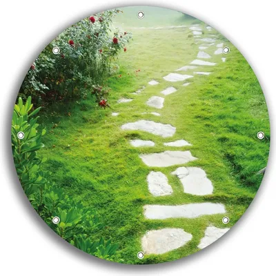 Produktbild von Wallario rundes Outdoor-Poster für Garten oder Balkon, Motiv Steinweg im Grünen, 30 cm Durchmesser