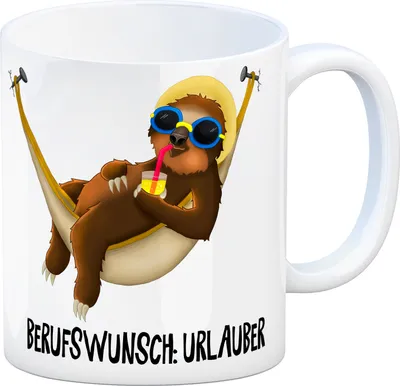 Produktbild von Kaffeebecher mit Faultier in Hängematte Motiv und Spruch: Berufswunsch: Urlauber