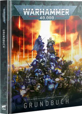 The cover of a Warhammer 40,000 rulebook, featuring a battle scene with many soldiers.