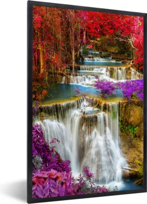 Produktbild von MuchoWow® Gerahmtes Poster Wasserfall - Rosa - Bäume 40x60 cm - Poster mit Schwarzem Bilderrahmen Wandposter Rahmen Foto Bilder - Papierdruck - Wandbilder
