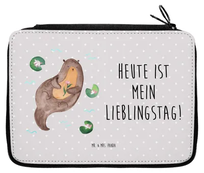 Produktbild von Mr. & Mrs. Panda Mäppchen Otter Seerose - Grau Pastell - Geschenk, Schlampermäppchen, Fluss, Lieblingstag, Seeotter, Wasser, Federmäppchen, Etui, Federmappe