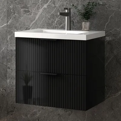 Produktbild von Unterschrank mit Waschbecken Waschbeckenunterschrank Badmöbel Waschtisch Badezimmerschrank, hochglanz Schwarz Holz, Sanfter Schluss, 60x37x52cm