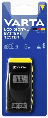 The image shows a VARTA LCD Digital Battery Tester in its retail packaging.