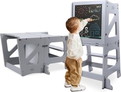 YOLEO 2 in 1 Lernturm Kinder Tritthocker Lernstuhl Kinderhocker Faltbarer Kinderschemel für Baby, mit doppelseitiger magnetischer Tafel, Rutschfestes Fußpolster, Umweltschutz, Küchen-/Badezimmerhelfer, Grau