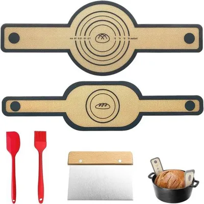Produktbild von Silikon Backmatte Set für Dutch Oven Backen, lang, mit Teigmatten, Teigschaber und Backbürste