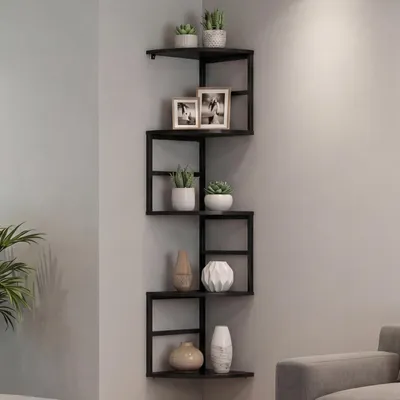 Immagine prodotto di Scaffale angolare HWC-O99, scaffale sospeso, scaffale a muro, scaffale angolare, 5 ripiani, metallo industriale, melamina MVG 128x30x30 cm ~ nero