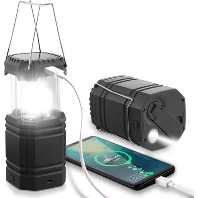 Image de Lampe de camping LED solaire, étanche, avec manivelle et batterie de 3000 mAh, noire