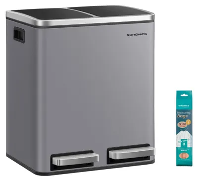 Imagen del producto de SONGMICS, cubo de basura para cocina, 2 x 15 litros, sistema de separación de residuos con 2 compartimentos, incluye 15 bolsas de basura, cubo de basura con pedal, para residuos reciclables y residuos orgánicos, tapa con cierre suave, color gris mate, modelo LTB030G01