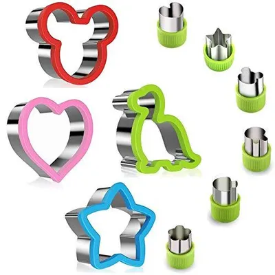 Produktbild von 4-teiliges Sandwich-Ausstechset und 6-teiliges Set mit Gemüse- und Obstformen – Brot- und Krustenausstecher für Kinder – Dinosaurier, Stern, Herz