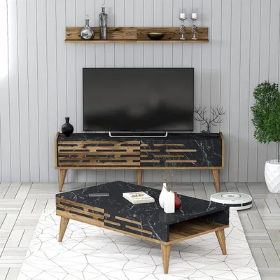 Produktbild von Skye Decor, Valensiya 140 - Walnut, Black, Marble, Wohnzimmermöbel-Set, Nussbaum, 100 % MELAMINBESCHICHTETE SPANPLATTEN, 140 x 45 x 35 cm