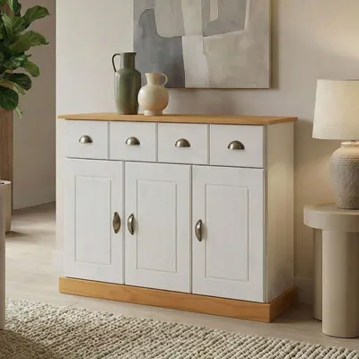 Produktbild von Anrichte PARIS aus Kiefer massiv in weiß/braun, schöne Kommode mit 3 Türen, praktische Apothekerkommode mit 2 Schubladen