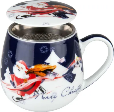Produktbild von Könitz Merry Christmas Weihnachtsmann Becher, Tasse, Teetasse, mit Sieb und Deckel, Porzellan, 420 ml, 11 5 143 0810