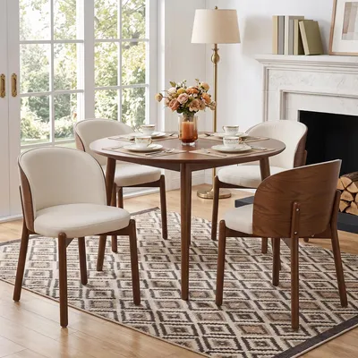 Produktbild von Flieks Esszimmerstühle 4er Set aus Massivholz mit Leinenstoff, Eschen-Massivholzfurnier, für Esszimmer, Wohnzimmer, Küchenstühle, Walnussholzfarbe