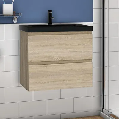 Produktbild von Waschtisch mit Unterschrank 60cm Alast Badmöbel Set Eiche Waschbecken Schwarz mit Unterschrank MDF Softclose