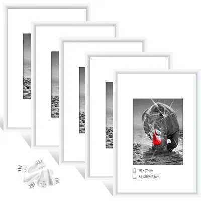 Image de Lot de 5 cadres photo au format DIN A3 (29,7 x 42 cm), couleur blanche, en plexiglas, pour poser ou accrocher