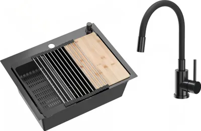 Obrázek produktu pro VBChome Nerezový dřez s baterií 58 x 45 cm černý Sada příslušenství Dávkovač Krájecí deska Rolovací podložka Skládací odkapávací stojan Sifonová baterie PVD černá
