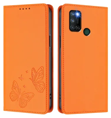 Image de Étui en cuir pour Realme C17, motif papillon, étui à rabat avec porte-appareil, couleur orange