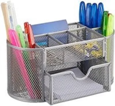 Produktbild von PolkaHome® Metallstiftehalter mit Schublade, Schreibtischorganizer, silber, HxBxT: 10,5 x 22 x 11 cm