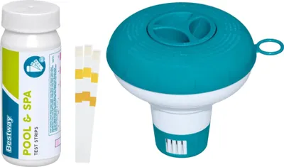 Produktbild von Bestway | Poolpflege Starter Set | Dosierschwimmer Mini 12,5 cm Ø inkl. 50er Teststreifen | Dosierung & Messung von freiem Chlor, pH-Wert & Gesamtalkalität | Poolwasser sauber & kristallklar