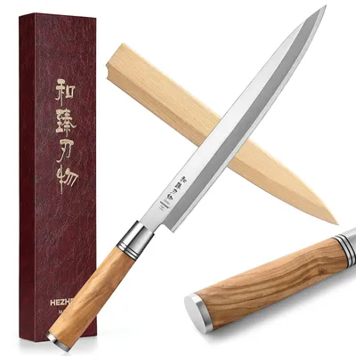 Productafbeelding van 270mm Sashimi Yanagiba Mes - Japanse Stijl Gesmeed Staal voor Sushi, Fileren en Snijden van Zalm - D-Vormig Olijfhouten Handvat Met Houten Schede