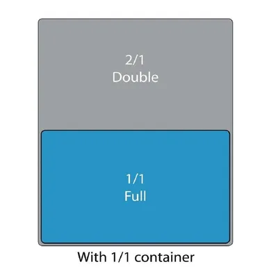 A diagram showing two different container sizes, labeled '2/1 Double' and '1/1 Full', with the text 'With 1/1 container' below.