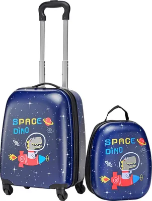 Obrázek produktu pro SucceBuy Dětský kufr 457,2 mm, 2dílná sada trolley pro děti, kufr s pevnou skořápkou a kolečky & batoh, praktické dětské zavazadlo, skvělý dárek k svátkům a narozeninám, motiv dinosauřích