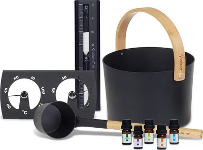 A collection of sauna accessories, including a bucket, ladle, thermometer, and essential oil bottles, arranged on a white background.