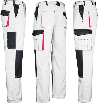 Three views of white cargo work pants with black and red accents.