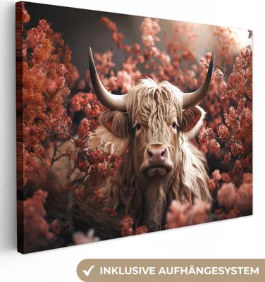 Produktbild von MuchoWow® - Leinwandbilder - Schottische Highlander - Tier - Natur - Blumen - Botanisch, Wandbild, Wanddeko Bilder Wohnzimmer, 120x90 cm