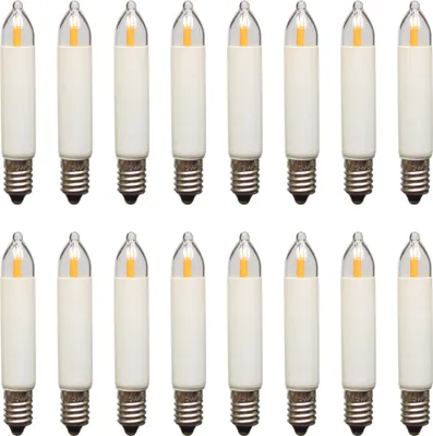 A grid of small LED filament candle bulbs with E10 bases.