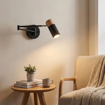 Produktbild von BARCELONA LED Wandleuchte Skandinavisch Ausziehbar LOGAN E27 G45 Holz & Schwarz