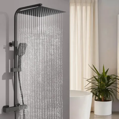 Produktbild von Duschsystem mit Thermostat 38°C mit Duscharmatur Schwarz mit 12 Zoll Regendusche mit 3-Funktionen-Handbrause mit Edelstahl-Duschstange Duschset