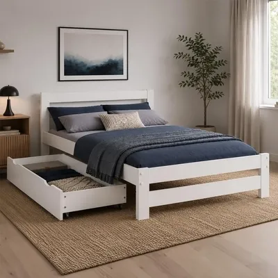 Produktbild von Homestyle4u Doppelbett Holzbett 140x200 Weiß Kiefer Bett Mit Bettkasten Bettgestell Holz