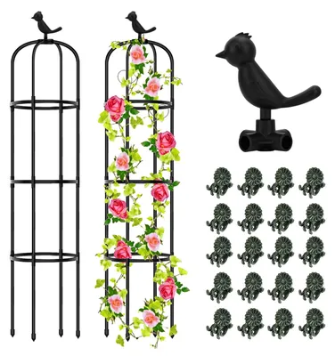 Produktbild von Set von 2 Gartenstützen, 145 cm hoch, mit dekorativen Vögeln und 20 Pflanzenclips