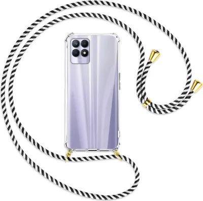 Produktbild von Handykette Backcover-Schutzhülle mit Band (Metall goldfarben) für Realme 8i - schwarz/weiß gestreift