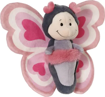 A plush butterfly toy with pink heart-shaped wings and a pink fluffy trim around its waist, set against a white background.