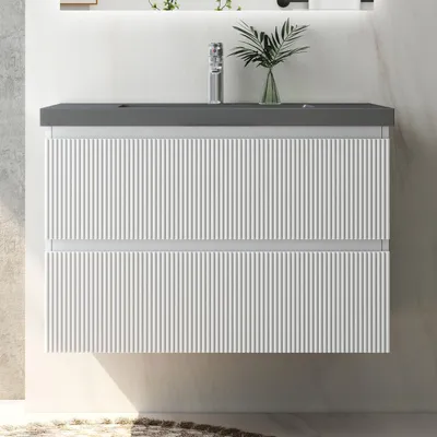 Produktbild von Waschtisch mit Unterschrank 80cm BOKAV Badmöbel Set Weiß Waschbecken Dunklegrau mit Unterschrank Softclose