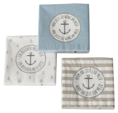 Produktbild von 3 x 20 Servietten 'Anker - Meer' Maritime Papierservietten - 3-lagig 33 x 33 cm