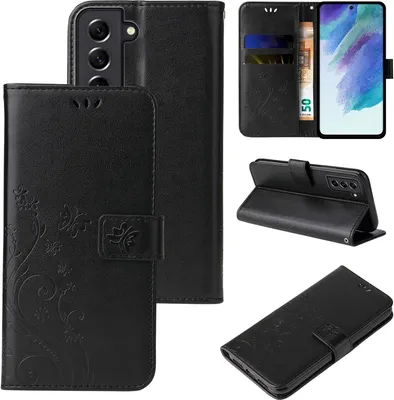 Produktbild von Handyhülle für Samsung Galaxy S21 FE Floral Blumen Schmetterling Flip Cover Hülle Case Klapphülle Handytasche Farbe: Schwarz