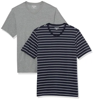 Produktbild von Amazon Essentials Herren T-Shirt Slim Fit Kurzarm V-Ausschnitt 2er Pack Grey Heather/Navy Stripe Small