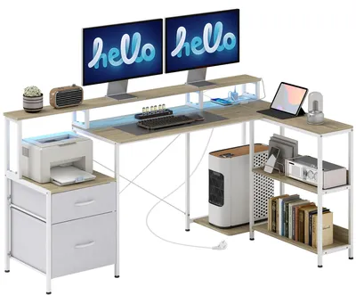 Produktbild von Eckschreibtisch mit Steckdosen und RGB-LED-Beleuchtung, Computertisch, 172 x 100 cm, Monitorst?nder, 2 Schubladen, wei?