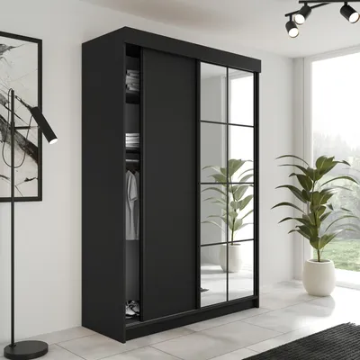 Produktbild von LAMARO Kleiderschrank mit Spiegel. Variante: Schwarz, 138x205x59 cm